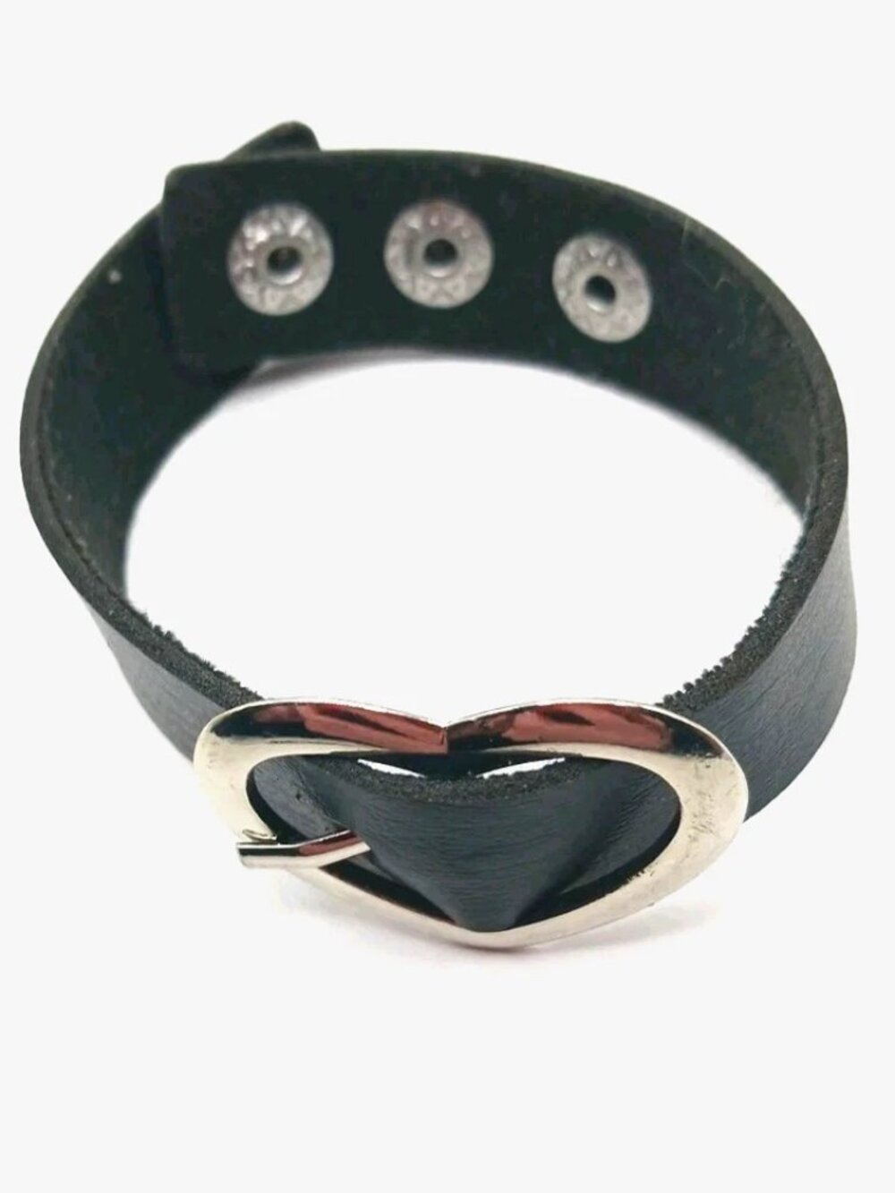 Heart Buckle Silvertone Faux Leather Bracelet 8 Inches